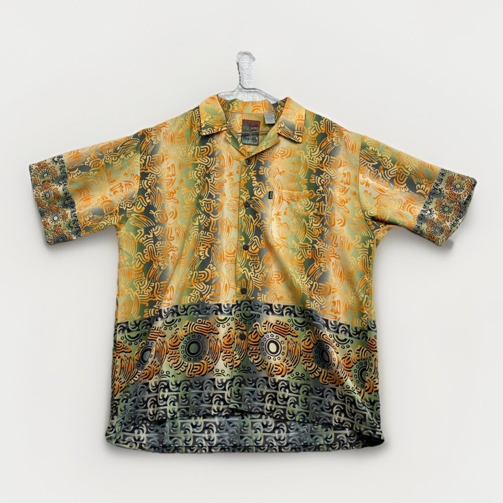 Pineapple Connection Mystic Tribal Shirt Orange Short Sleeve Button Up Sz L